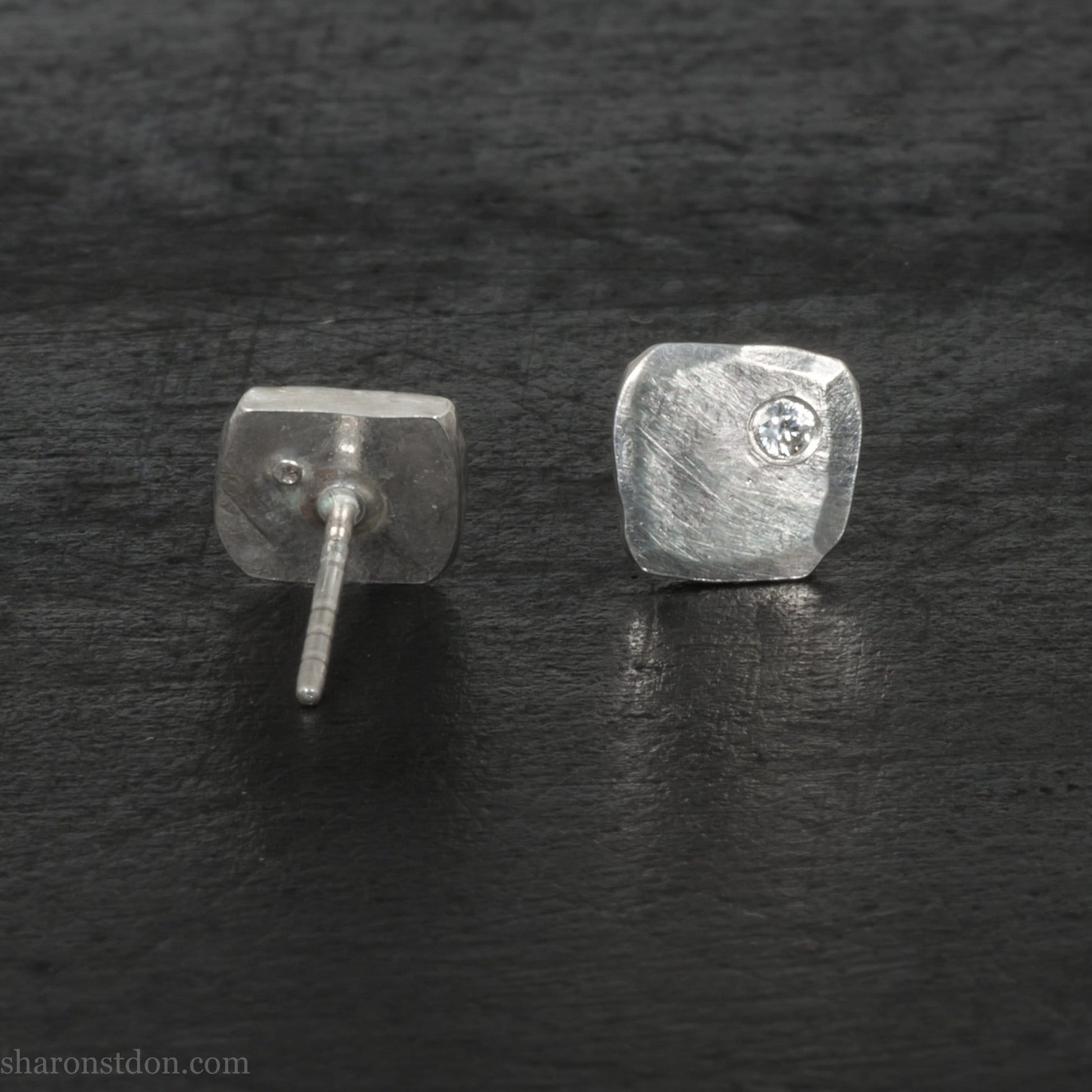 Handmade 925 sterling silver stud earrings with cubic zirconia gemstones. Daily wear small square stud earrings made by Sharon SaintDon in North America.