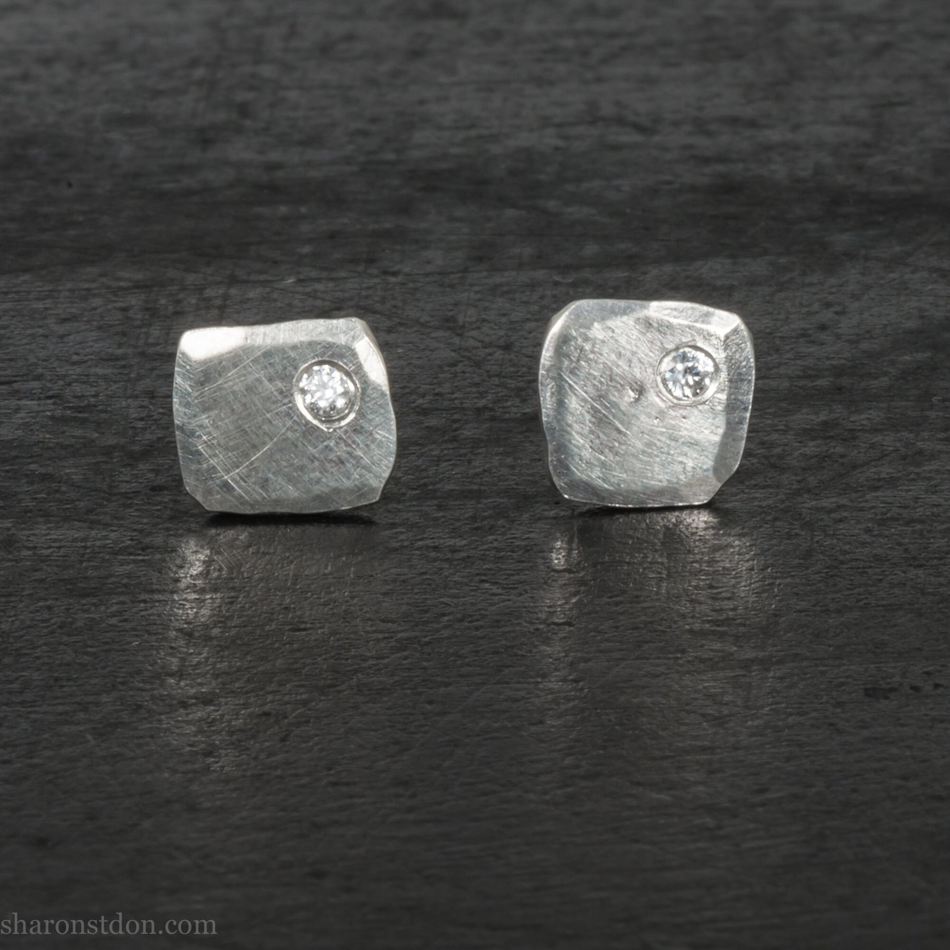 Imitation diamond stud earrings for men or women | Small 7mm squares, 925 sterling silver, matte brushed finish | Handmade unique gift