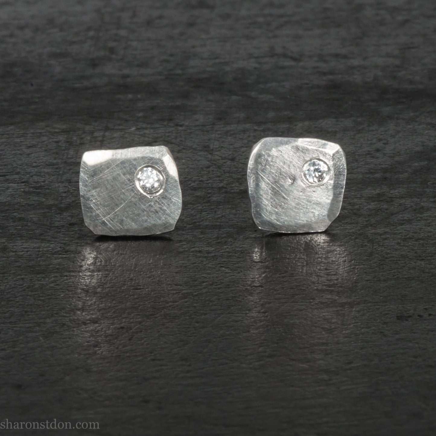 Handmade 925 sterling silver stud earrings with Canadian diamond gemstones. Small square stud earrings made by Sharon SaintDon in North America. Canadamark diamonds.
