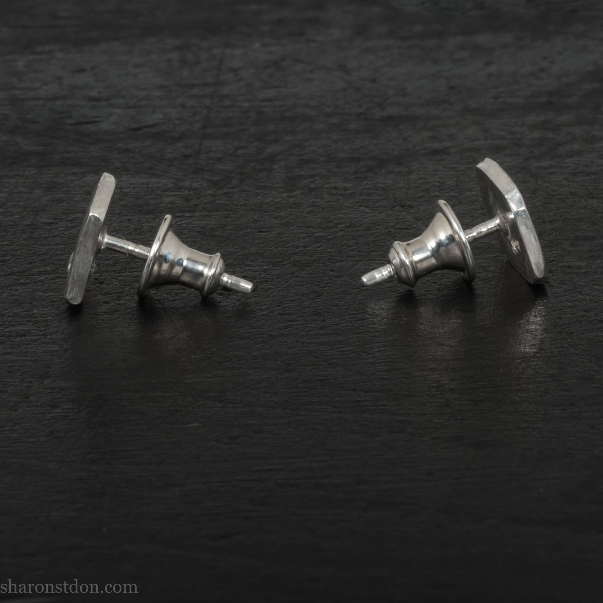 Imitation diamond stud earrings for men or women | Small 7mm squares, 925 sterling silver, matte brushed finish | Handmade unique gift