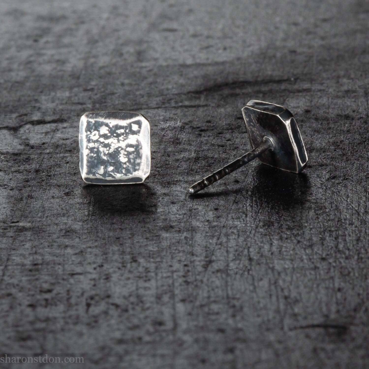 7mm square 925 sterling silver stud earrings, antiqued.
