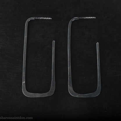 Long rectangle shape, 925 sterling silver hoop earrings, oxidized black