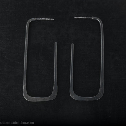 Long rectangle shape, 925 sterling silver hoop earrings, oxidized black