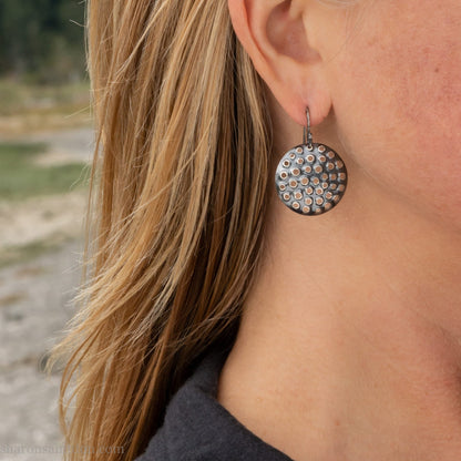 925 sterling silver handmade earrings for women. Comfortable, light, round disc, dangle earrings w/ mesh dots and ear wire hooks.