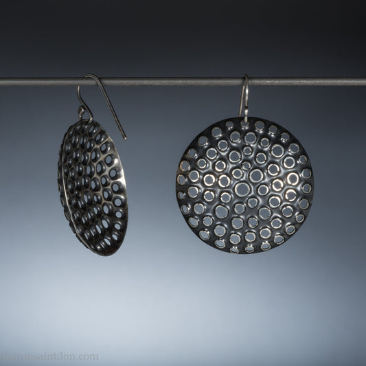 925 sterling silver handmade earrings for women. Comfortable, light, round disc, dangle earrings w/ mesh dots and ear wire hooks.