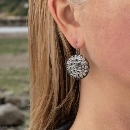 925 sterling silver handmade earrings for women. Comfortable, light, round disc, dangle earrings w/ mesh dots and ear wire hooks.