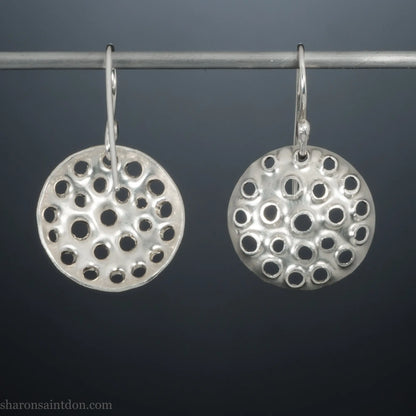 18mm handmade round disc dangle earrings, 925 sterling silver with mesh perforated holes | Shiny mesh finish Sharon SaintDon silver and gold handmade jewelry