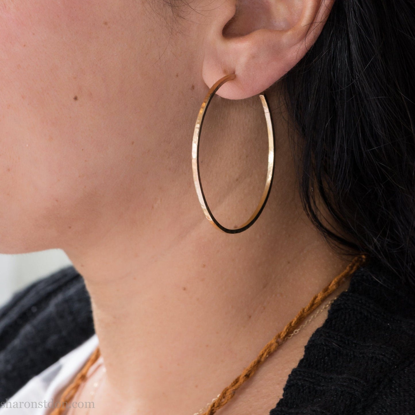 18k yellow gold hoop earrings 50mm diameter, 2mm wide, 1.5mm thick. High quality, handmade with hammered texture.