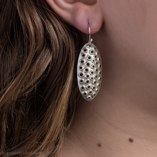 38mm oval silver dangle earrings, shiny