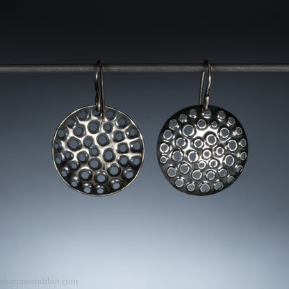 925 sterling silver handmade earrings for women. Comfortable, light, round disc, dangle earrings w/ mesh dots and ear wire hooks.