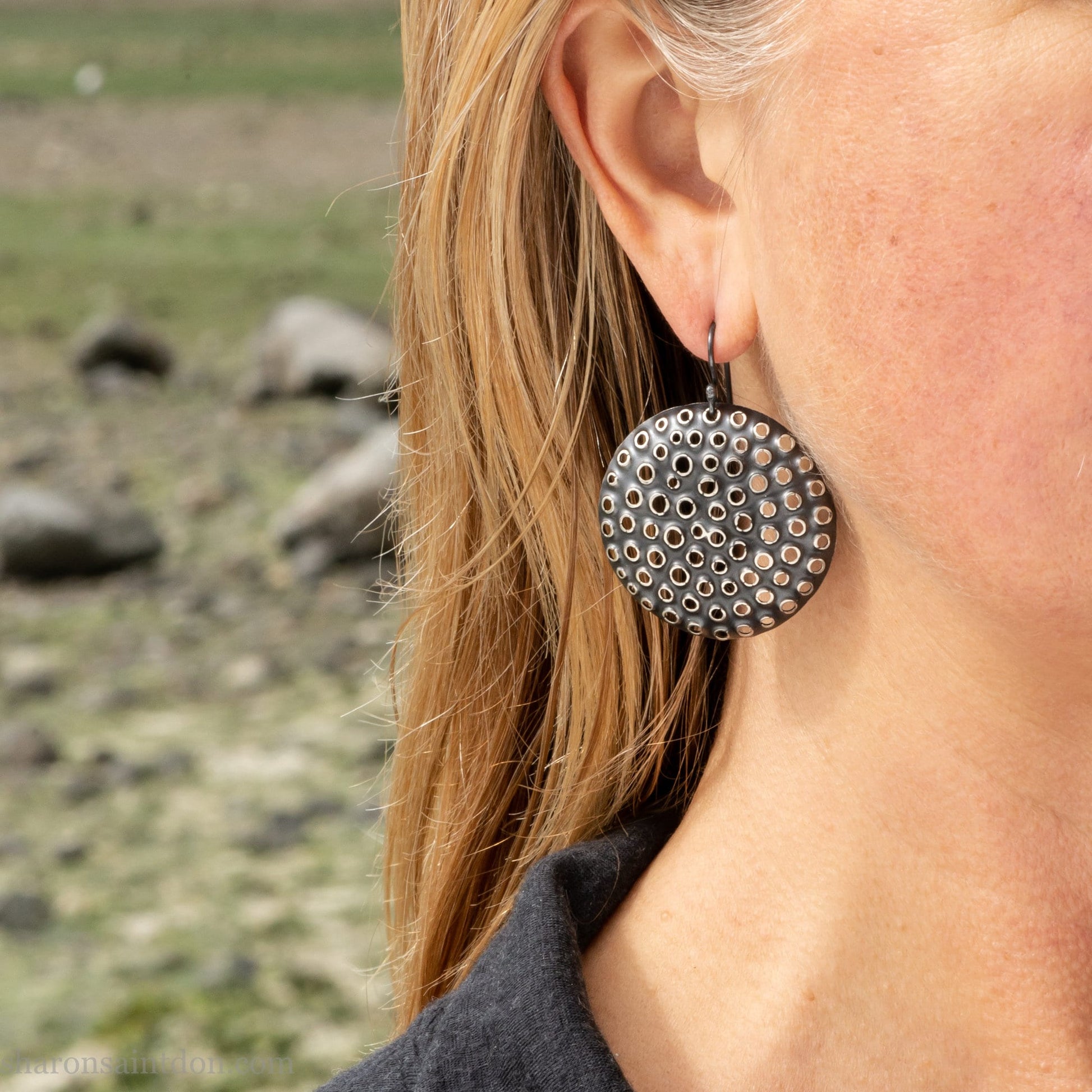 925 sterling silver handmade earrings for women. Comfortable, light, round disc, dangle earrings w/ mesh dots and ear wire hooks.