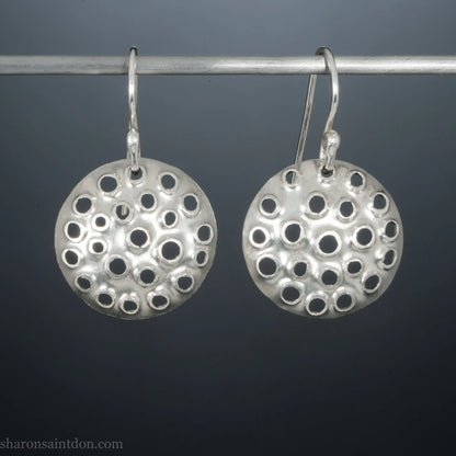 18mm handmade round disc dangle earrings, 925 sterling silver with mesh perforated holes | Shiny mesh finish Sharon SaintDon silver and gold handmade jewelry