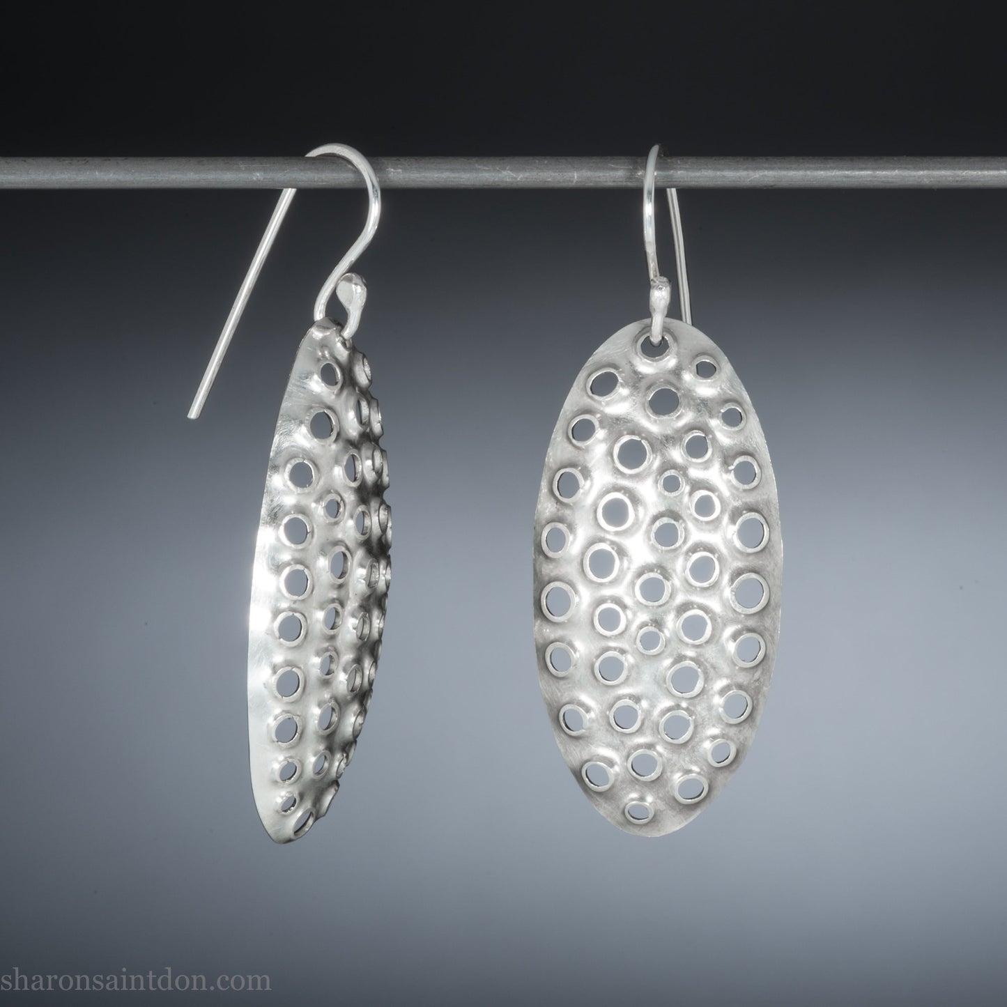 38mm oval silver dangle earrings, shiny