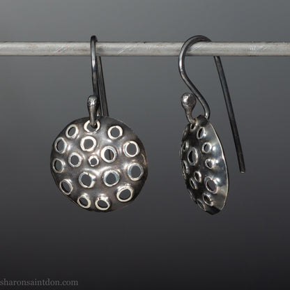 925 sterling silver handmade earrings for women. Comfortable, light, round disc, dangle earrings w/ mesh dots and ear wire hooks.