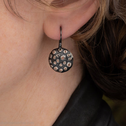 925 sterling silver handmade earrings for women. Comfortable, light, round disc, dangle earrings w/ mesh dots and ear wire hooks.
