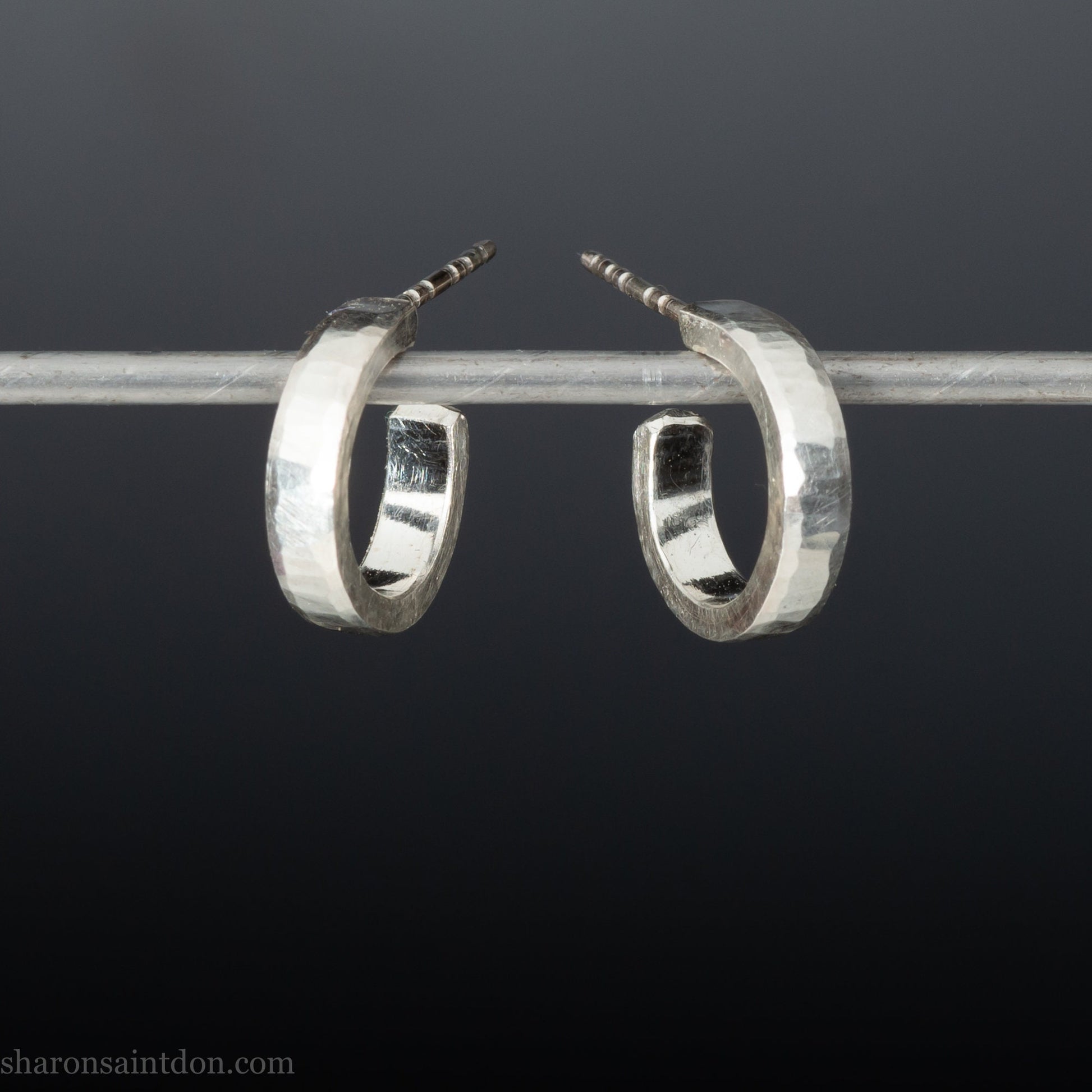 925 sterling silver hoop earrings for men or women handmade by Sharon SaintDon in the Pacific Northwest of North America. 16mm x 3mm, hammered, shiny.