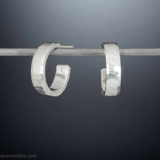 925 sterling silver hoop earrings handmade in North America by Sharon SaintDon. 16mm x 4mm, small, round with hammered texture.