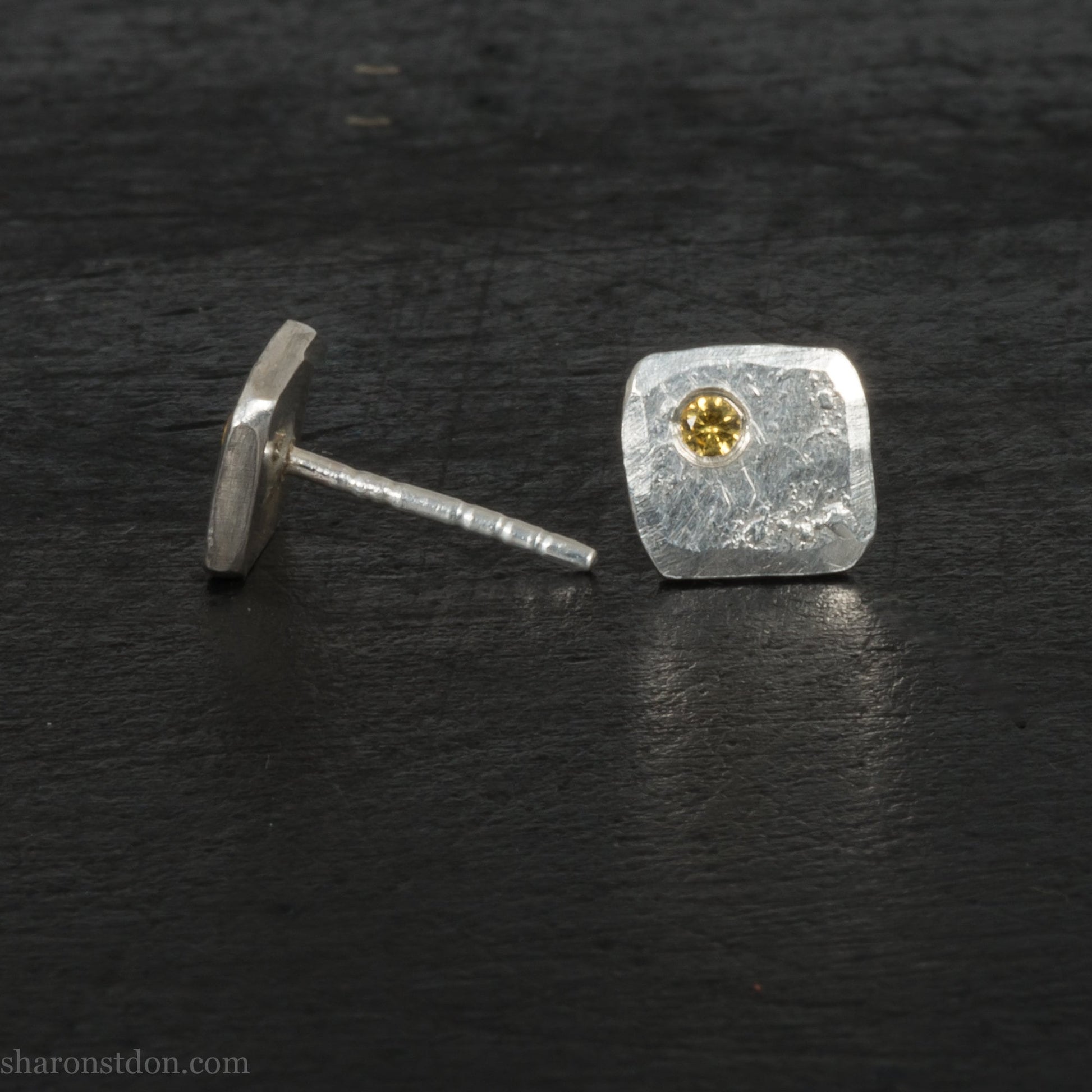 Handmade 925 sterling silver stud earrings with golden yellow topaz gemstones. Small square stud earrings made by Sharon SaintDon in North America.