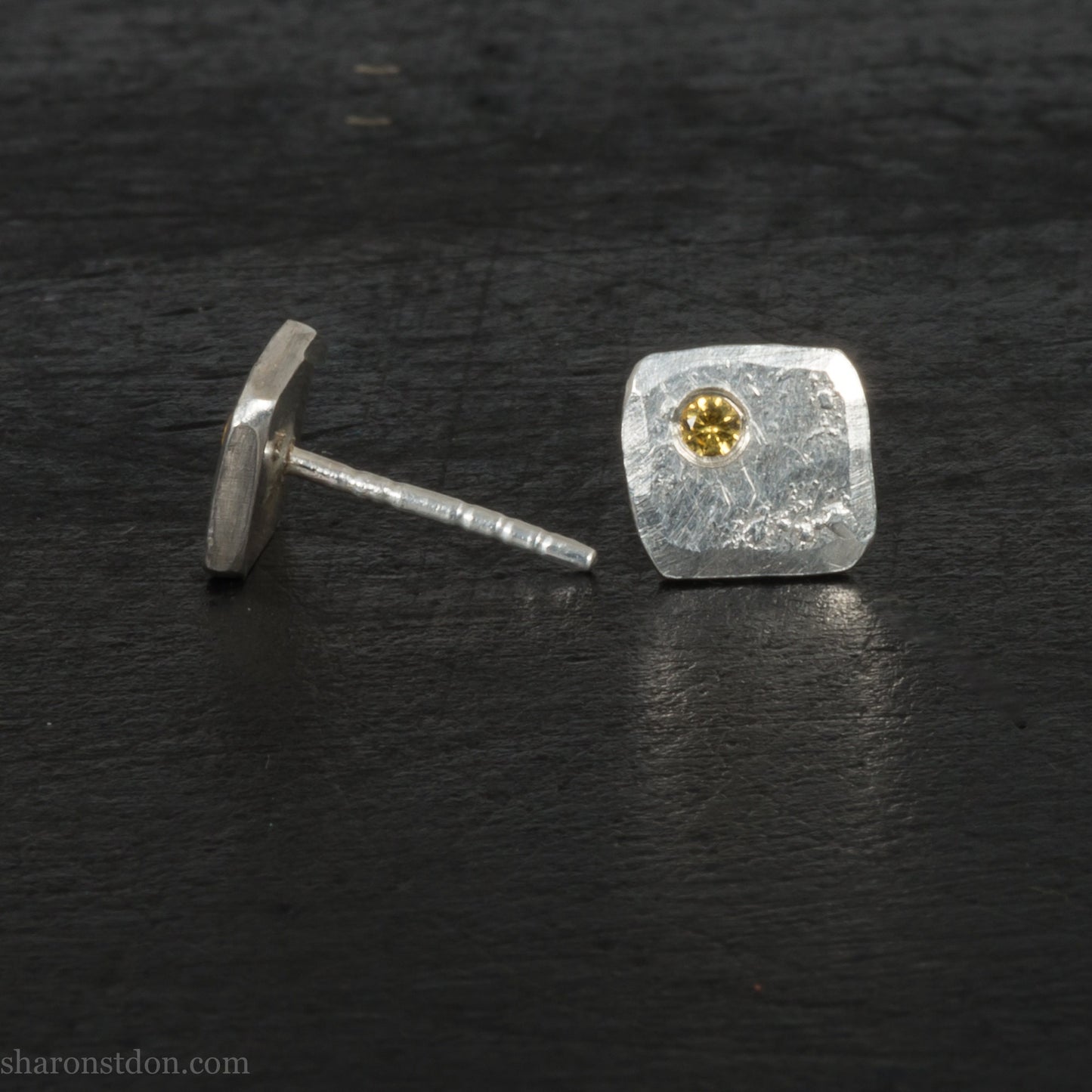 Canary yellow diamond stud earrings | Small square 925 sterling silver and gemstone stud earrings | Handmade, unique gift for him or her..