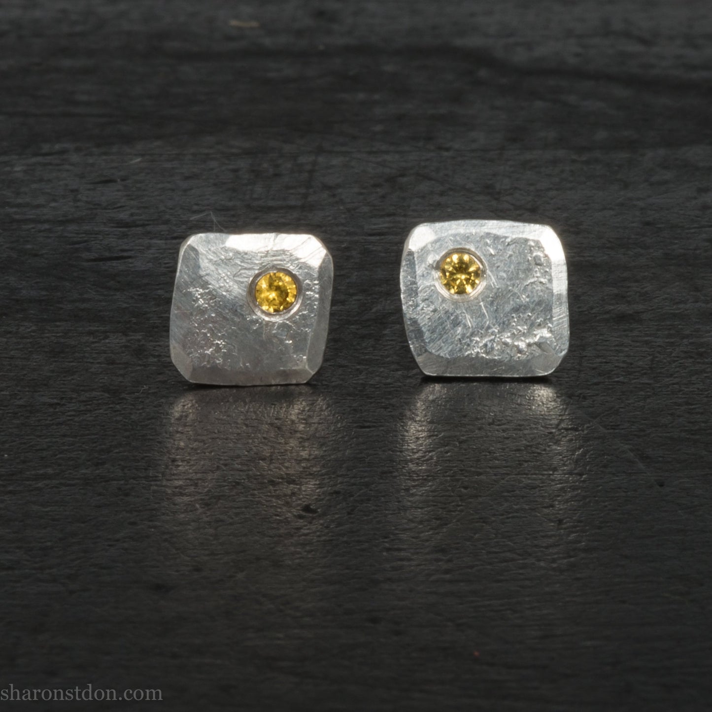 Canary yellow diamond gemstone stud earrings for men or women. Handmade 925 sterling silver squares stud earrings made by Sharon SaintDon in North America.