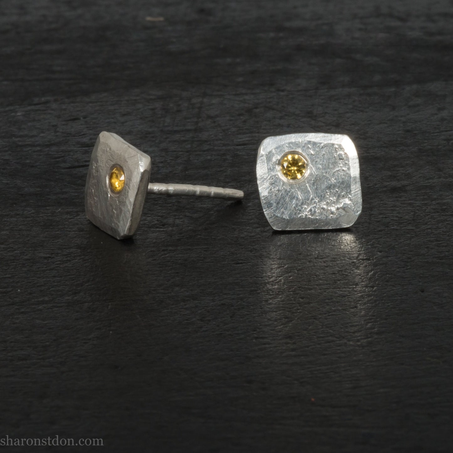 Canary yellow diamond stud earrings | Small square 925 sterling silver and gemstone stud earrings | Handmade, unique gift for him or her..