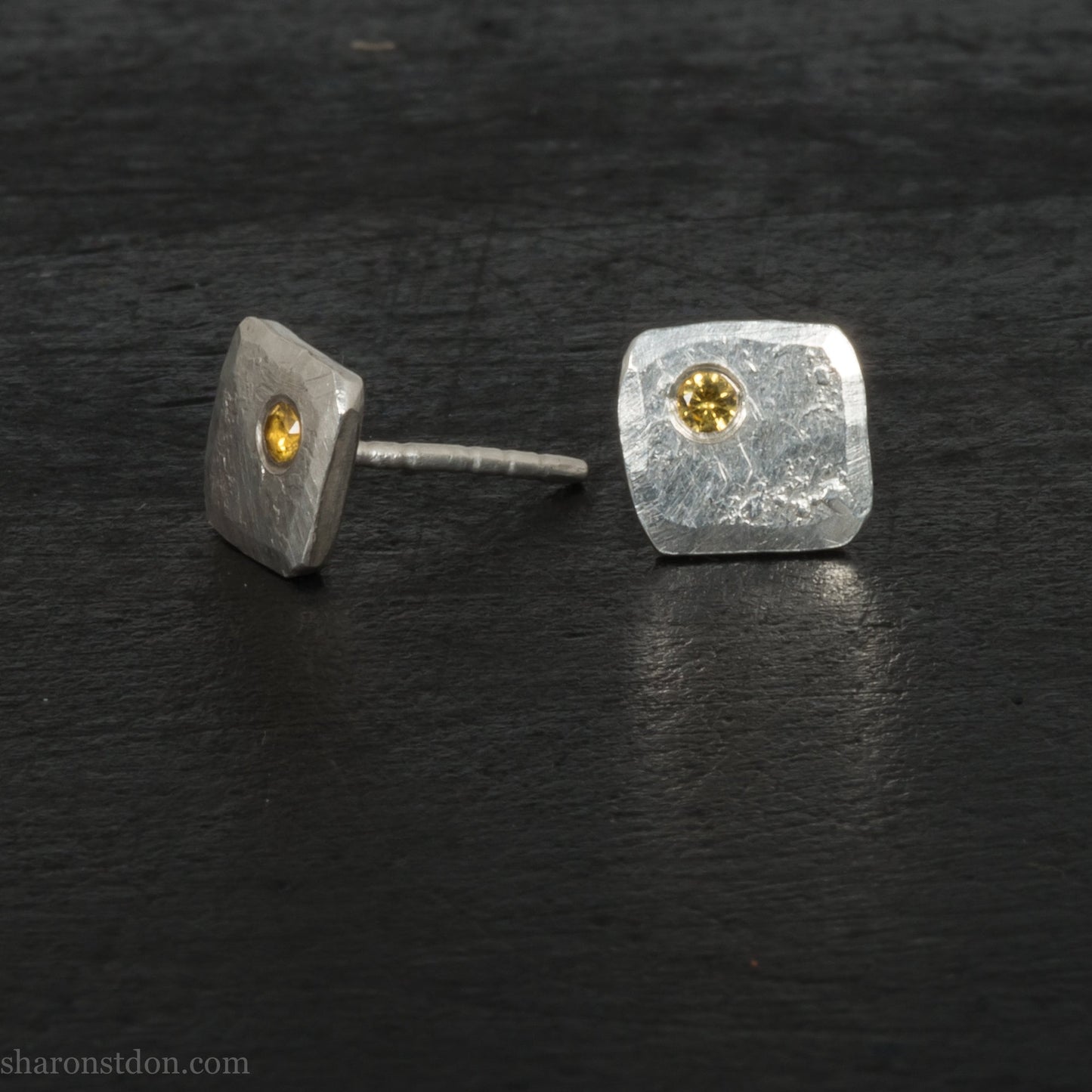 Canary yellow diamond gemstone stud earrings for men or women. Handmade 925 sterling silver squares stud earrings made by Sharon SaintDon in North America.