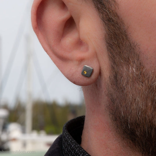 Handmade gemstone stud earrings. Oxidized black 925 sterling silver with canary yellow diamonds. Made by Sharon SaintDon in North America.