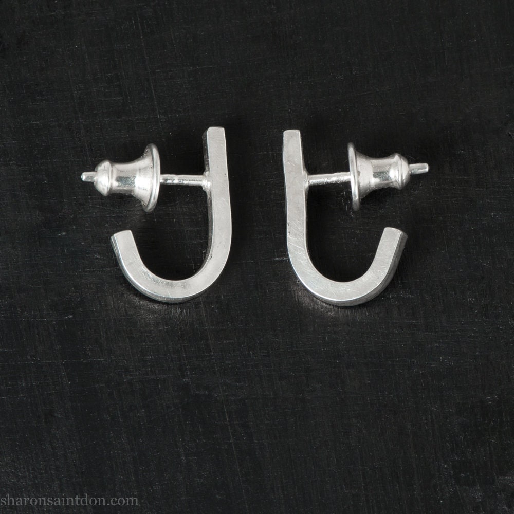 Men's solid 925 sterling silver J wrap huggie hoop earrings, matte finish, handcrafted.