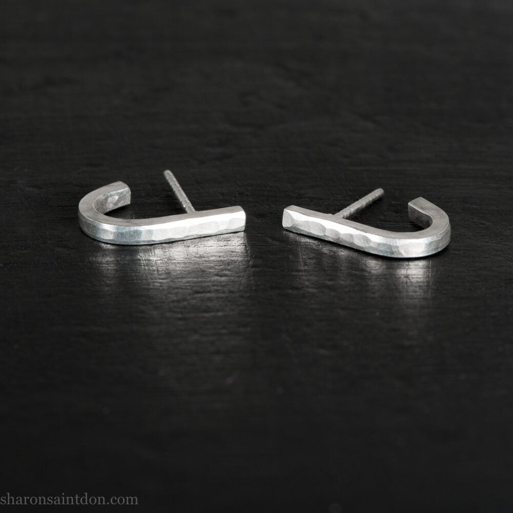 Men's solid 925 sterling silver J wrap huggie hoop earrings, matte finish, handcrafted.