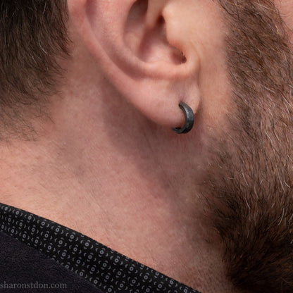 Men's small black oxidized sterling silver hoop earrings 12mm - handmade hammered texture hoops for men.