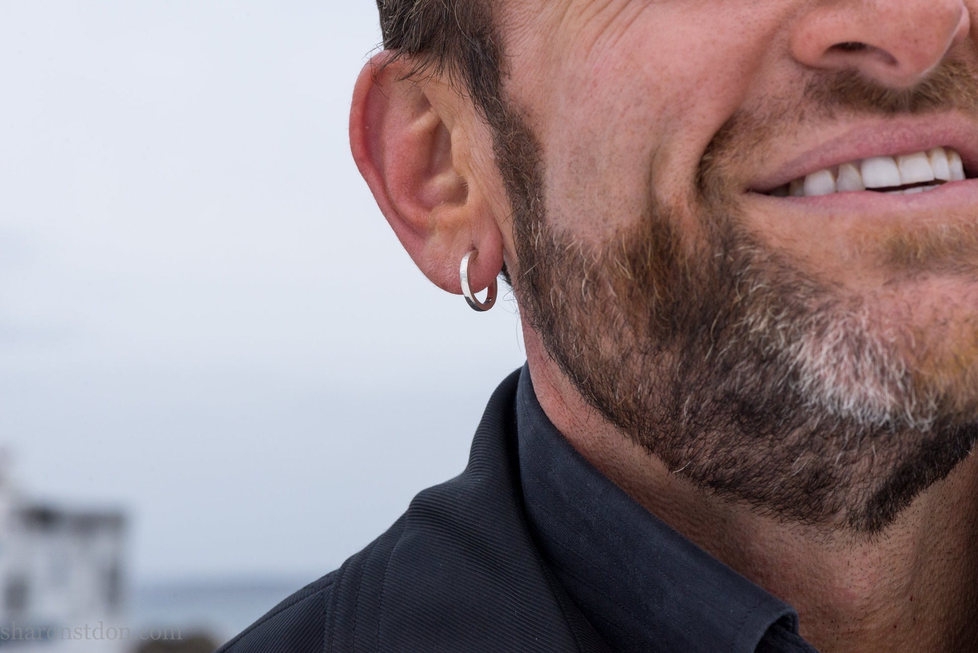 Small sterling silver hoop earrings, 16mm diameter, 2mm wide, hammered solid silver with brushed matte finish, sterling silver posts and backs.