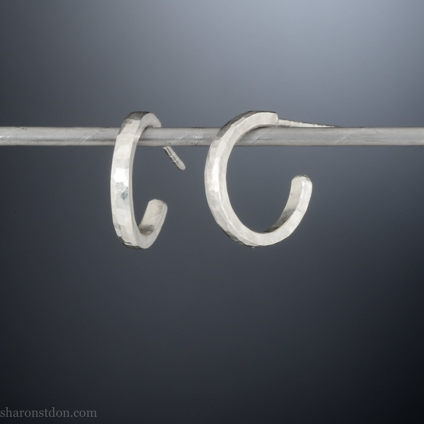 Small sterling silver hoop earrings, 16mm diameter, 2mm wide, hammered solid silver with brushed matte finish, sterling silver posts and backs.