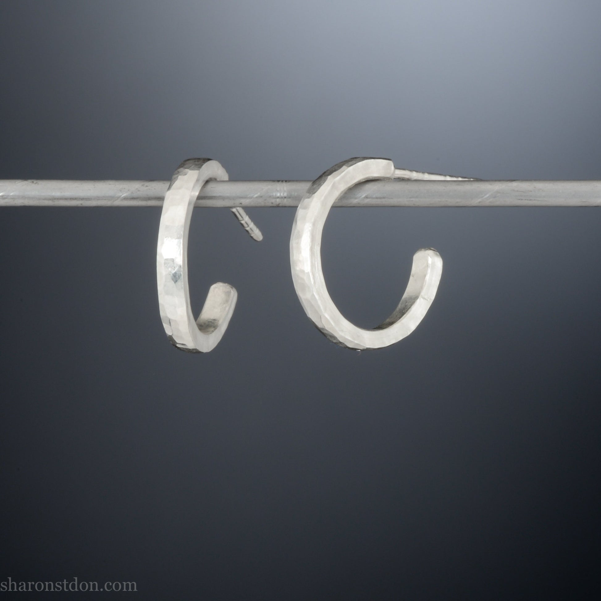 Small sterling silver hoop earrings, 16mm diameter, 2mm wide, hammered solid silver with brushed matte finish, sterling silver posts and backs.