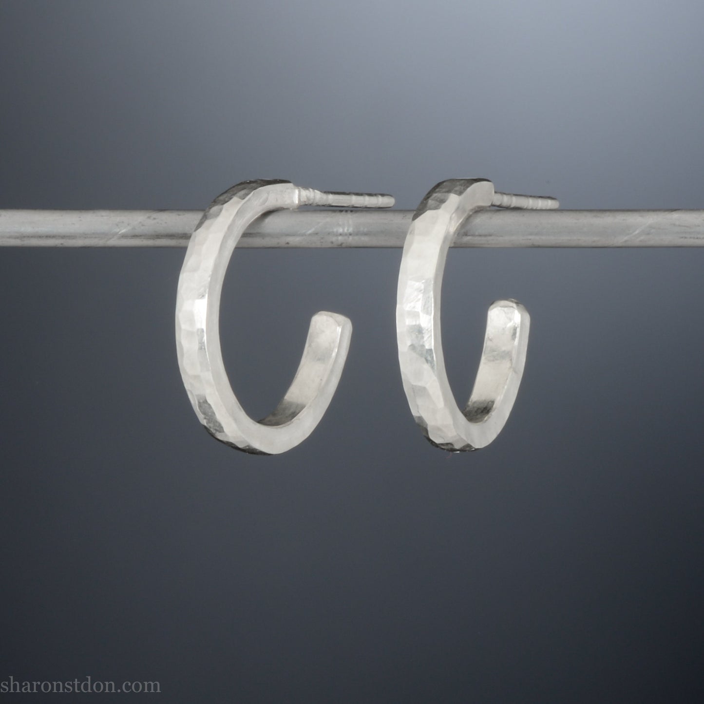 Small sterling silver hoop earrings, 16mm diameter, 2mm wide, hammered solid silver with brushed matte finish, sterling silver posts.