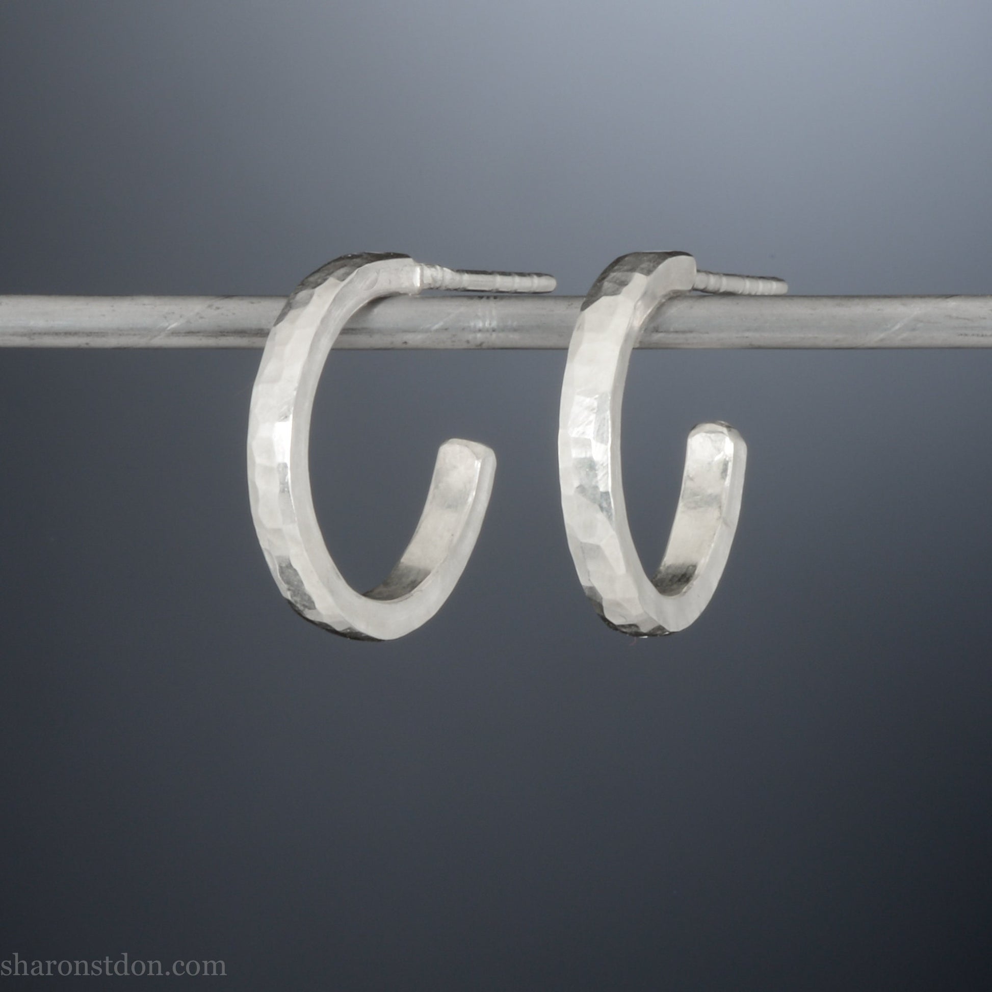 Small sterling silver hoop earrings, 16mm diameter, 2mm wide, hammered solid silver with brushed matte finish, sterling silver posts.