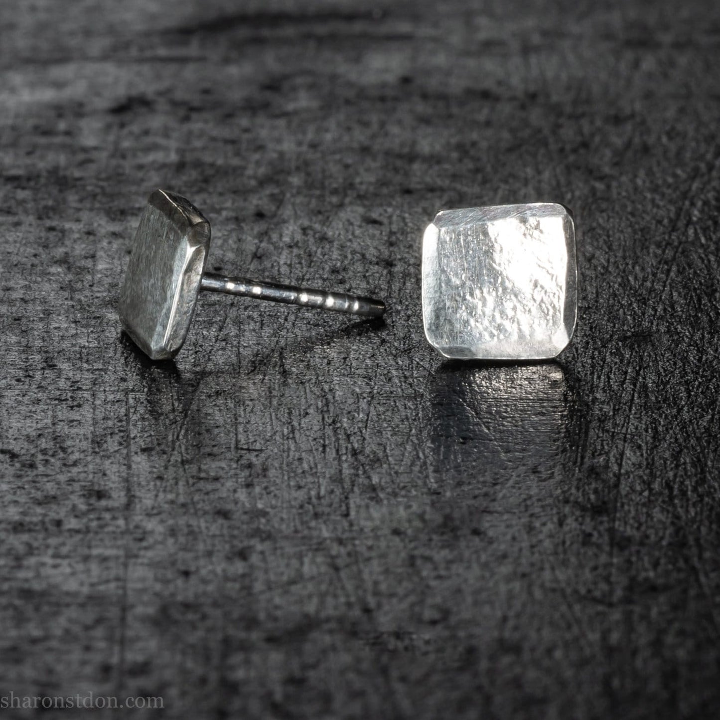 7mm square solid 925 sterling silver stud earrings, matte brushed.