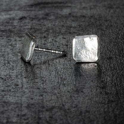 7mm square solid 925 sterling silver stud earrings, matte brushed.