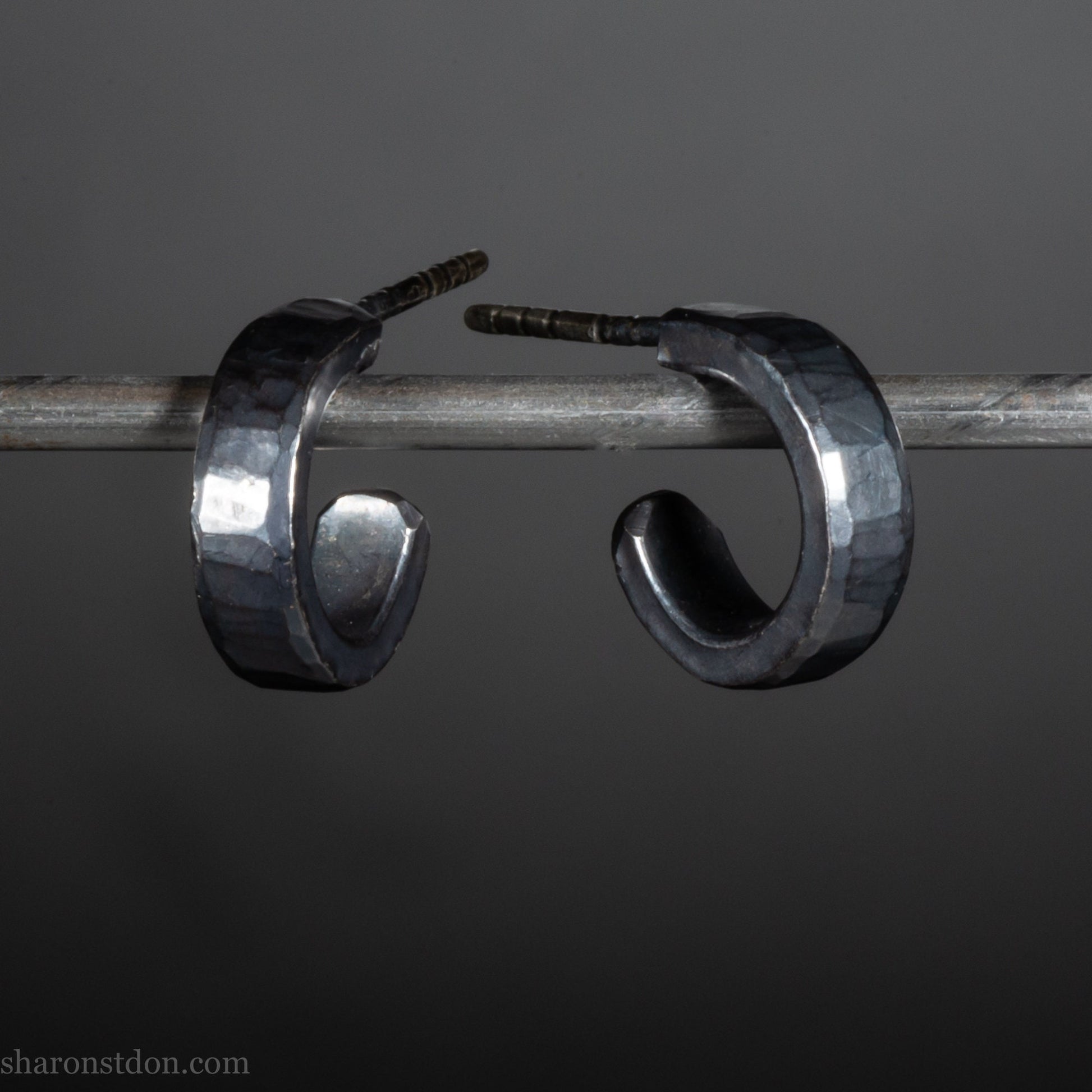 Small black oxidized sterling silver hoop earrings 12mm - handmade hammered texture hoops.